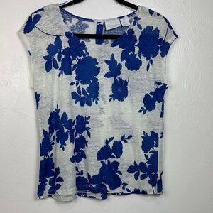 Cynthia Rowley Linen Blue White Floral Print Short Sleeve Top Size S